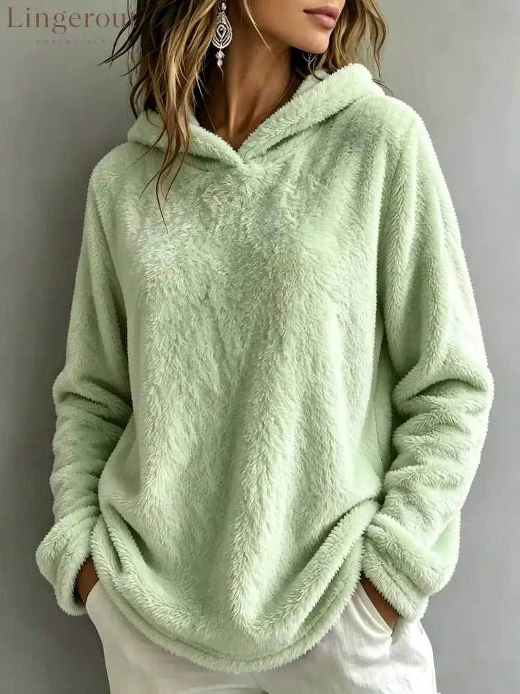 Multi-Color Fuzzy Fleece Hooded Casual Sweatshirt - Grass green / S