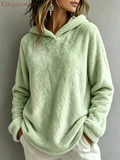 Multi-Color Fuzzy Fleece Hooded Casual Sweatshirt - Grass green / S