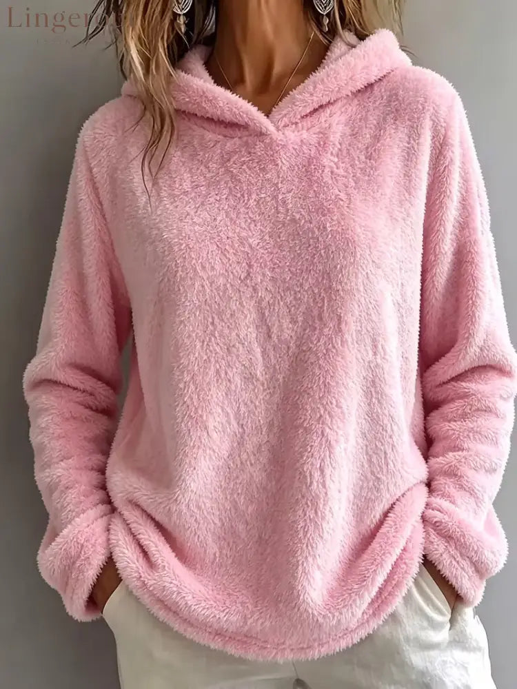 Multi-Color Fuzzy Fleece Hooded Casual Sweatshirt - Pink / S