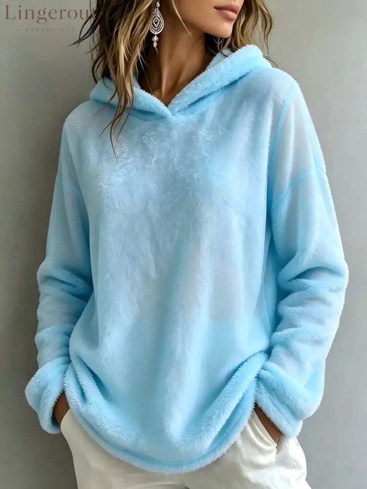 Multi-Color Fuzzy Fleece Hooded Casual Sweatshirt - Sky blue / S