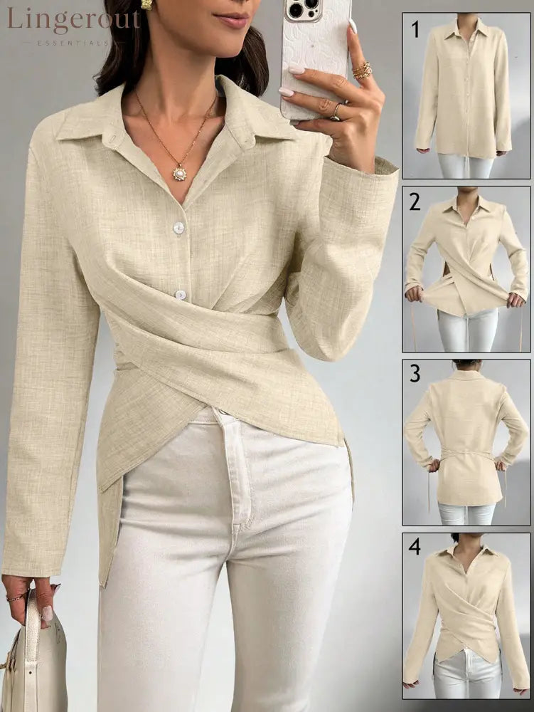 Multi‑Way Wrap‑Tie Long‑Sleeve Linen Blend Shirt