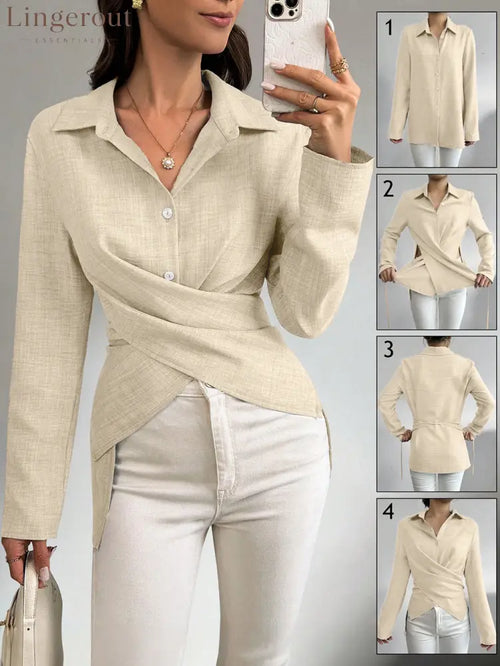 Multi‑Way Wrap‑Tie Long‑Sleeve Linen Blend Shirt