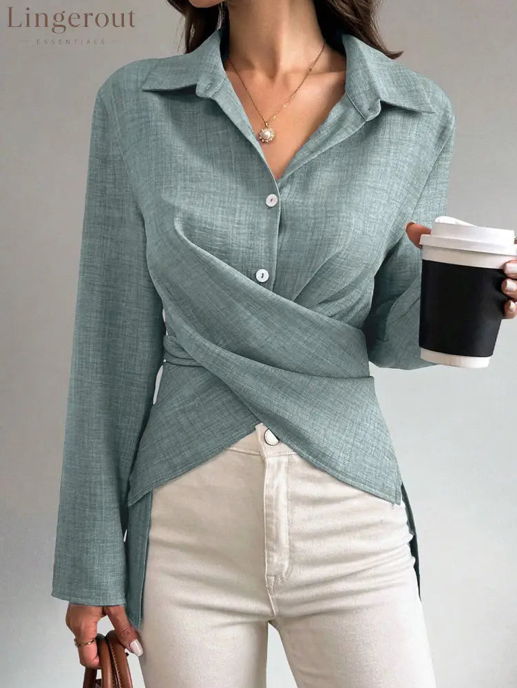 Multi‑Way Wrap‑Tie Long‑Sleeve Linen Blend Shirt