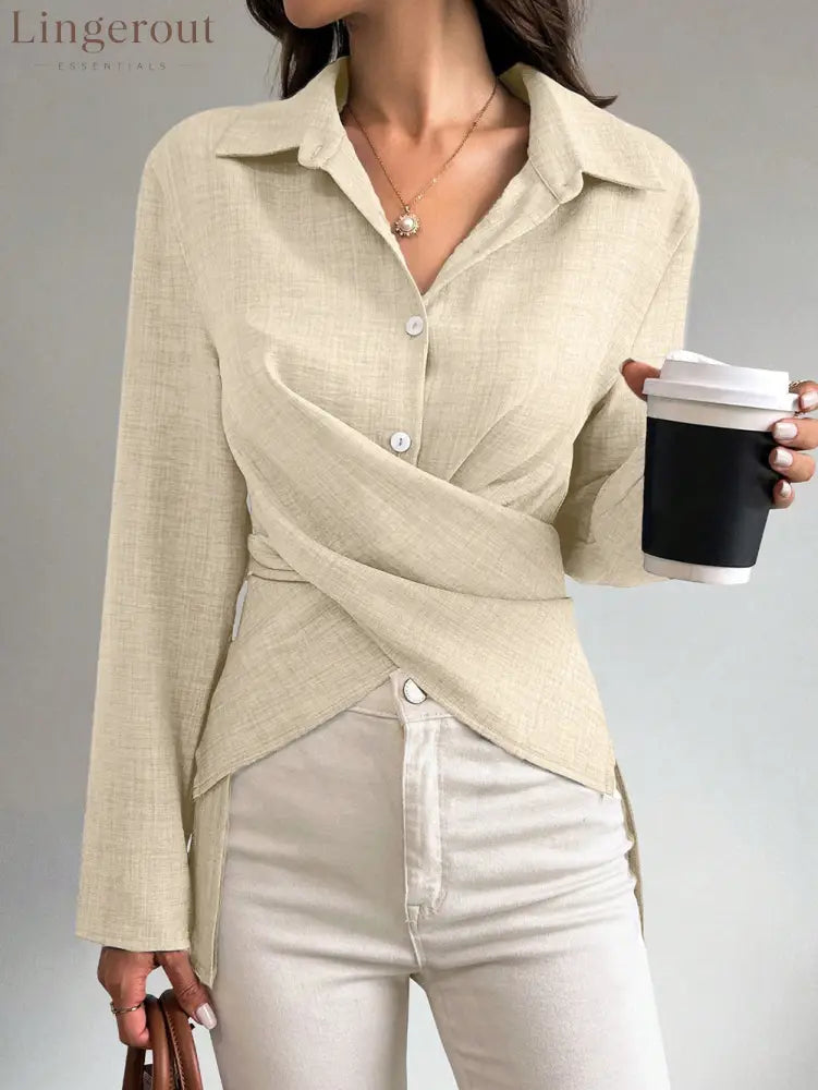 Multi‑Way Wrap‑Tie Long‑Sleeve Linen Blend Shirt