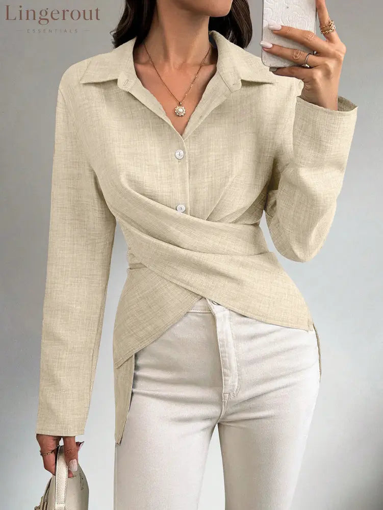 Multi‑Way Wrap‑Tie Long‑Sleeve Linen Blend Shirt - Apricot / S