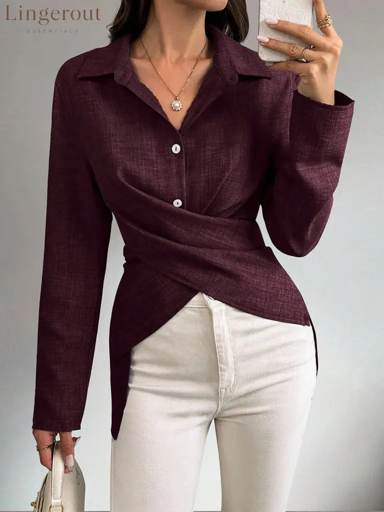 Multi‑Way Wrap‑Tie Long‑Sleeve Linen Blend Shirt - Dark red / S