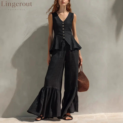 Mustard Linen-Blend Peplum Top & Ruffled Wide-Leg Pants Set