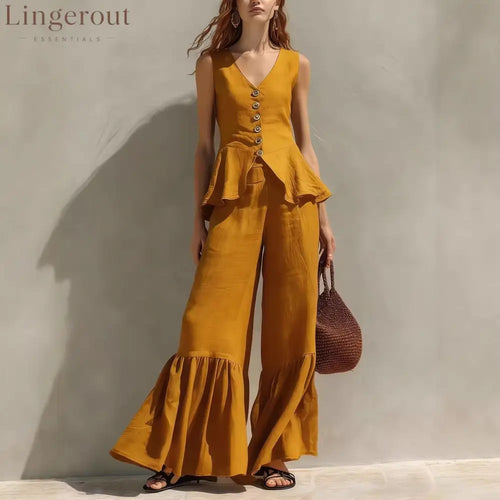 Mustard Linen-Blend Peplum Top & Ruffled Wide-Leg Pants Set