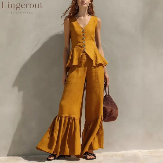 Mustard Linen-Blend Peplum Top & Ruffled Wide-Leg Pants Set