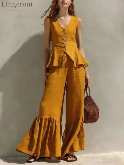 Mustard Linen-Blend Peplum Top & Ruffled Wide-Leg Pants Set - Yellow / S