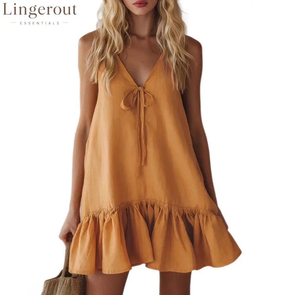 Mustard Tie Front Spaghetti Strap Linen Mini Dress