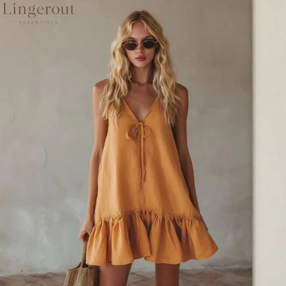 Mustard Tie Front Spaghetti Strap Linen Mini Dress