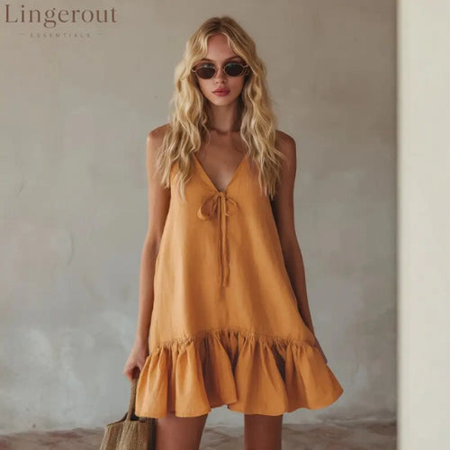 Mustard Tie Front Spaghetti Strap Linen Mini Dress