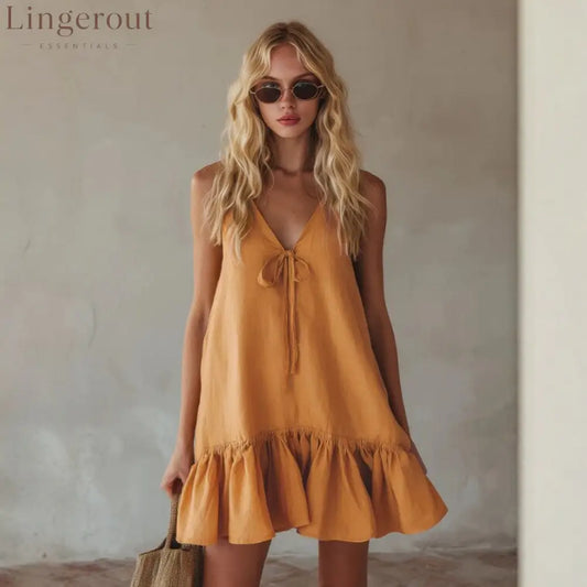 Mustard Tie Front Spaghetti Strap Linen Mini Dress