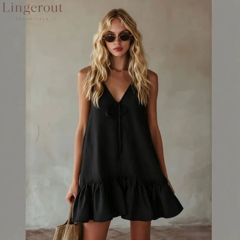 Mustard Tie Front Spaghetti Strap Linen Mini Dress - Black / S