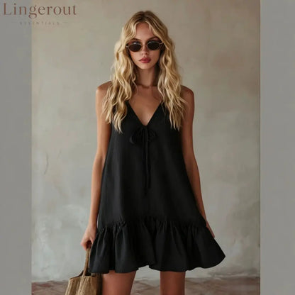 Mustard Tie Front Spaghetti Strap Linen Mini Dress - Black / S
