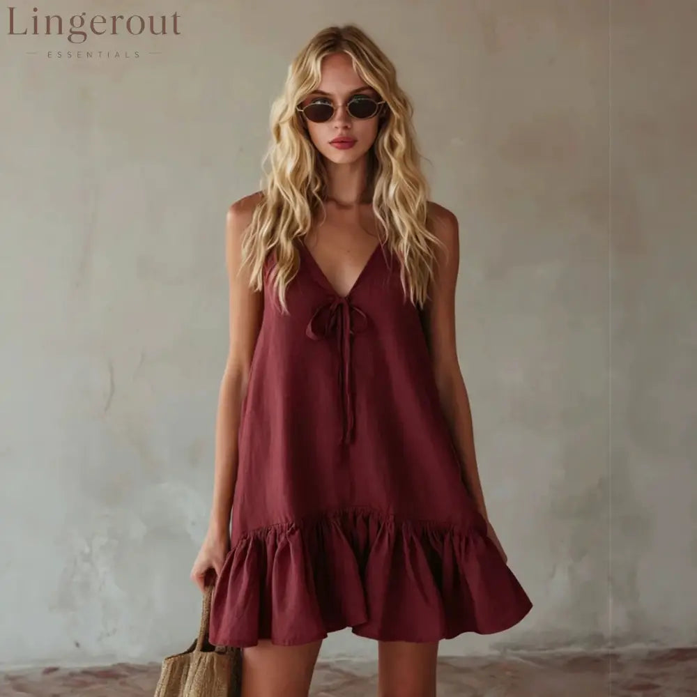 Mustard Tie Front Spaghetti Strap Linen Mini Dress - Claret / S