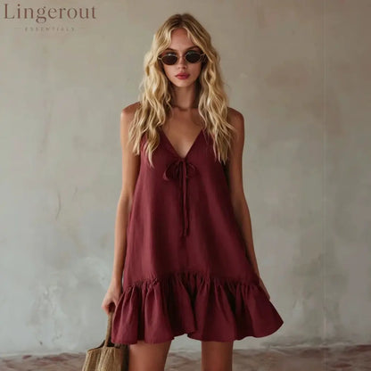 Mustard Tie Front Spaghetti Strap Linen Mini Dress - Claret / S