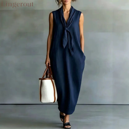 Natural Beige Linen Sleeveless Front Tie Knot Midi Shift Dress