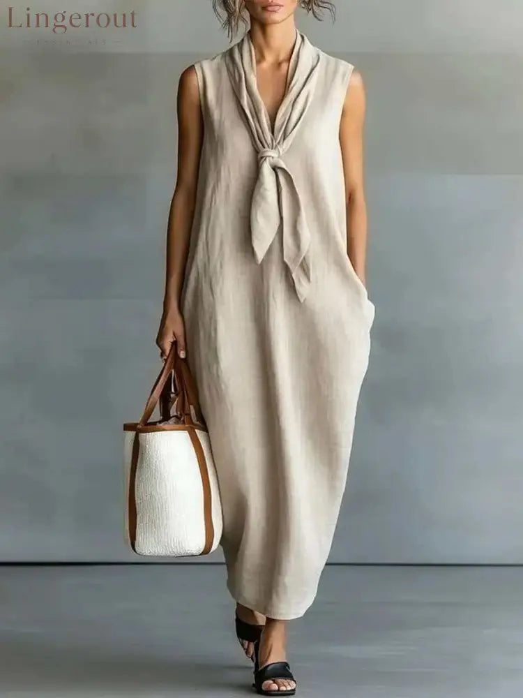 Natural Beige Linen Sleeveless Front Tie Knot Midi Shift Dress - Apricot / S