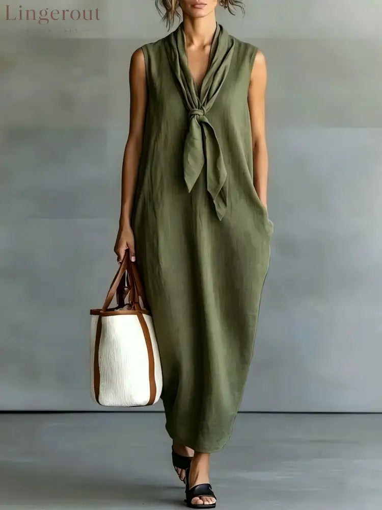 Natural Beige Linen Sleeveless Front Tie Knot Midi Shift Dress - Army green / S