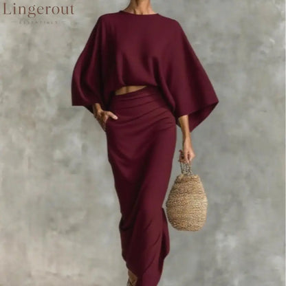 Natural Linen Batwing Crop Top Wrap Ruched Midi Skirt Two Piece Set