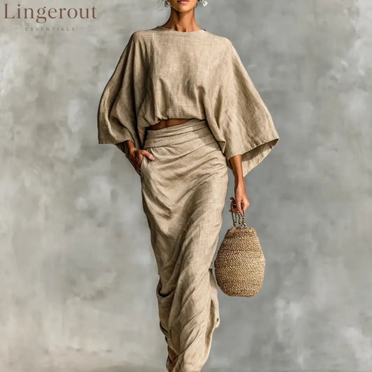 Natural Linen Batwing Crop Top Wrap Ruched Midi Skirt Two Piece Set