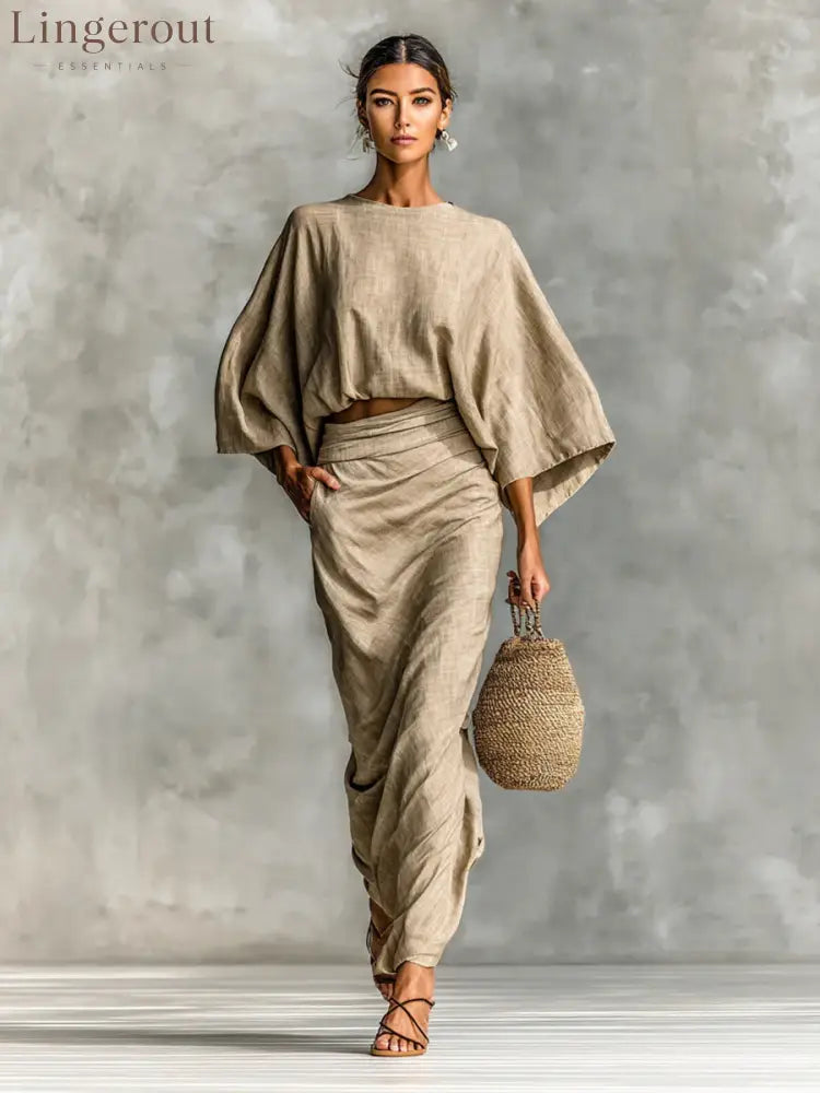 Natural Linen Batwing Crop Top Wrap Ruched Midi Skirt Two Piece Set - Apricot / S