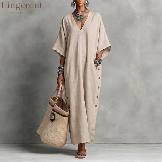 Natural Linen V-Neck Batwing Side Button Slit Maxi Kaftan Dress