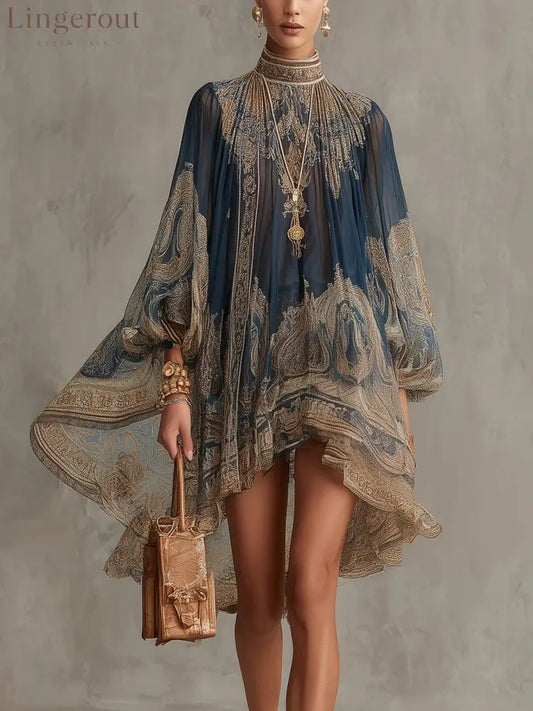 Navy Blue Baroque Print High-neck Irregular Chiffon Mini Dress - Navy / XS(2)