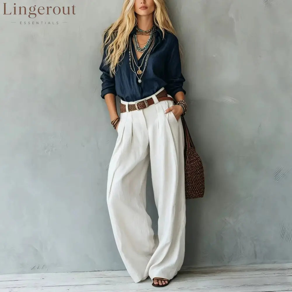 Navy Blue Loose Linen Shirt & Beige Pleated Wide Leg Linen Pants 2 Piece Boho Co-Ord Set