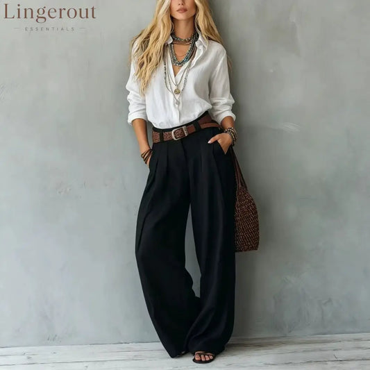 Navy Blue Loose Linen Shirt & Beige Pleated Wide Leg Linen Pants 2 Piece Boho Co-Ord Set
