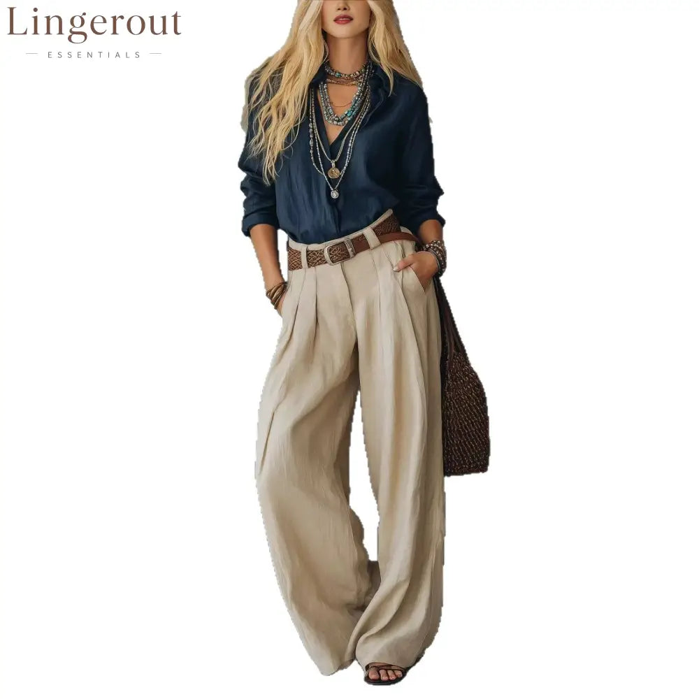 Navy Blue Loose Linen Shirt & Beige Pleated Wide Leg Linen Pants 2 Piece Boho Co-Ord Set