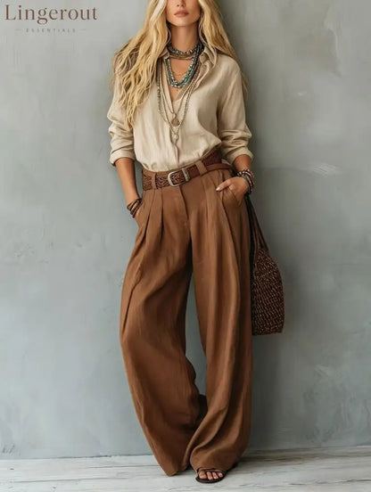 Navy Blue Loose Linen Shirt & Beige Pleated Wide Leg Linen Pants 2 Piece Boho Co-Ord Set - Khaki + brown / S
