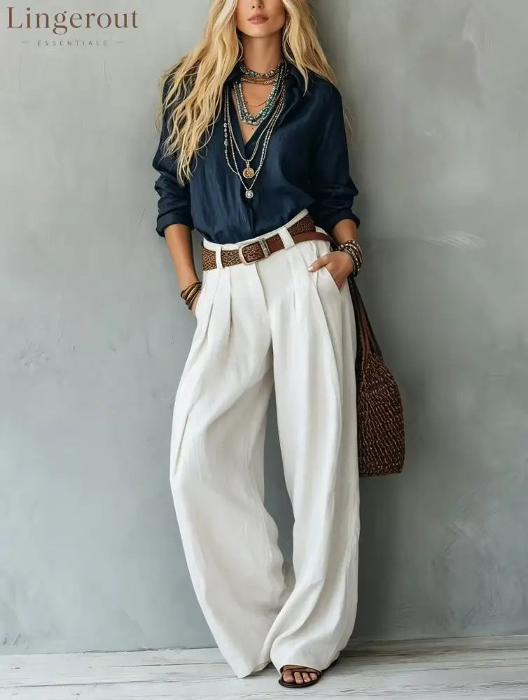 Navy Blue Loose Linen Shirt & Beige Pleated Wide Leg Linen Pants 2 Piece Boho Co-Ord Set - White + navy blue / S