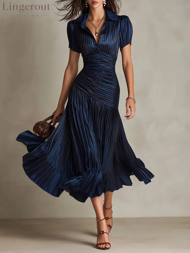 Navy Blue Striped Shirt Collar Satin Pleated Midi Dress - Navy Blue / XS