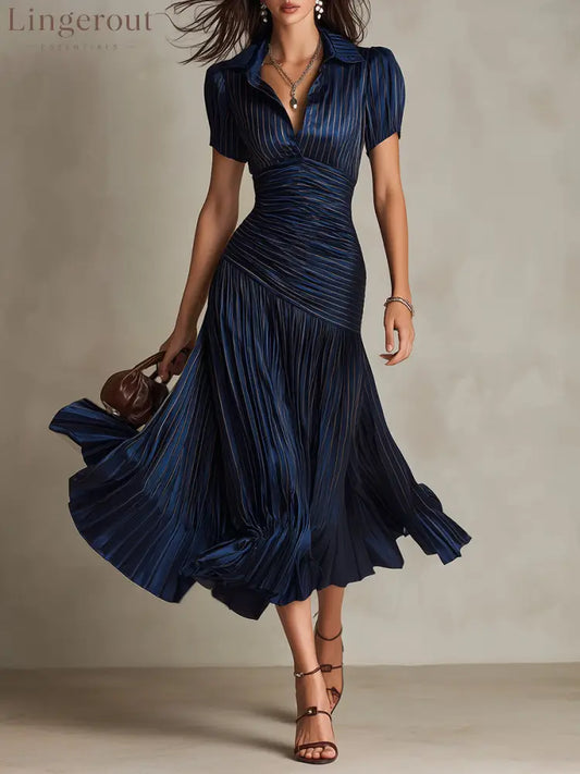 Navy Blue Striped Shirt Collar Satin Pleated Midi Dress - Navy Blue / XS
