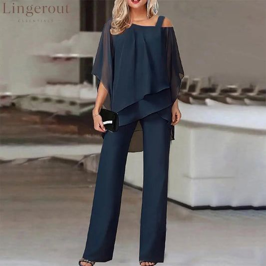Navy Cold Shoulder Ruffled Tiered Top and Pants Two Piece Set - Navy / S
