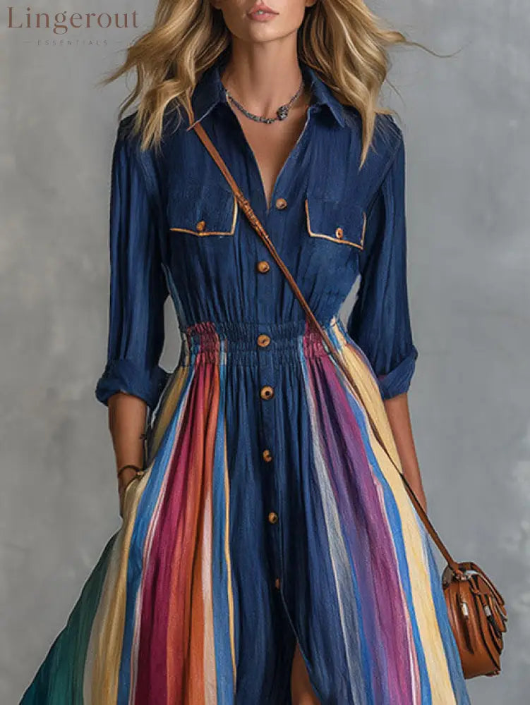 Navy Collar Colorful Rainbow Stripe Maxi Shirt Dress Elastic Waist Split Boho Long Dress