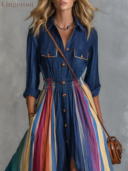 Navy Collar Colorful Rainbow Stripe Maxi Shirt Dress Elastic Waist Split Boho Long Dress