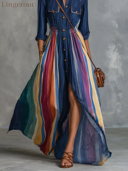 Navy Collar Colorful Rainbow Stripe Maxi Shirt Dress Elastic Waist Split Boho Long Dress