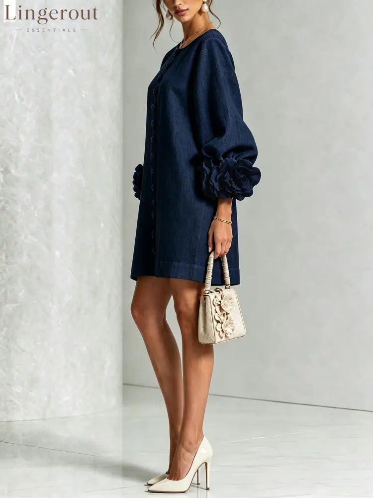 Navy Floral Button-down Mini Dress With Striking Floral Cuffs