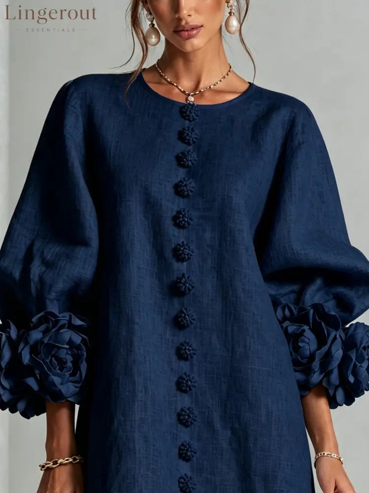 Navy Floral Button-down Mini Dress With Striking Floral Cuffs