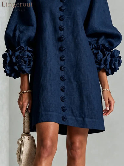 Navy Floral Button-down Mini Dress With Striking Floral Cuffs