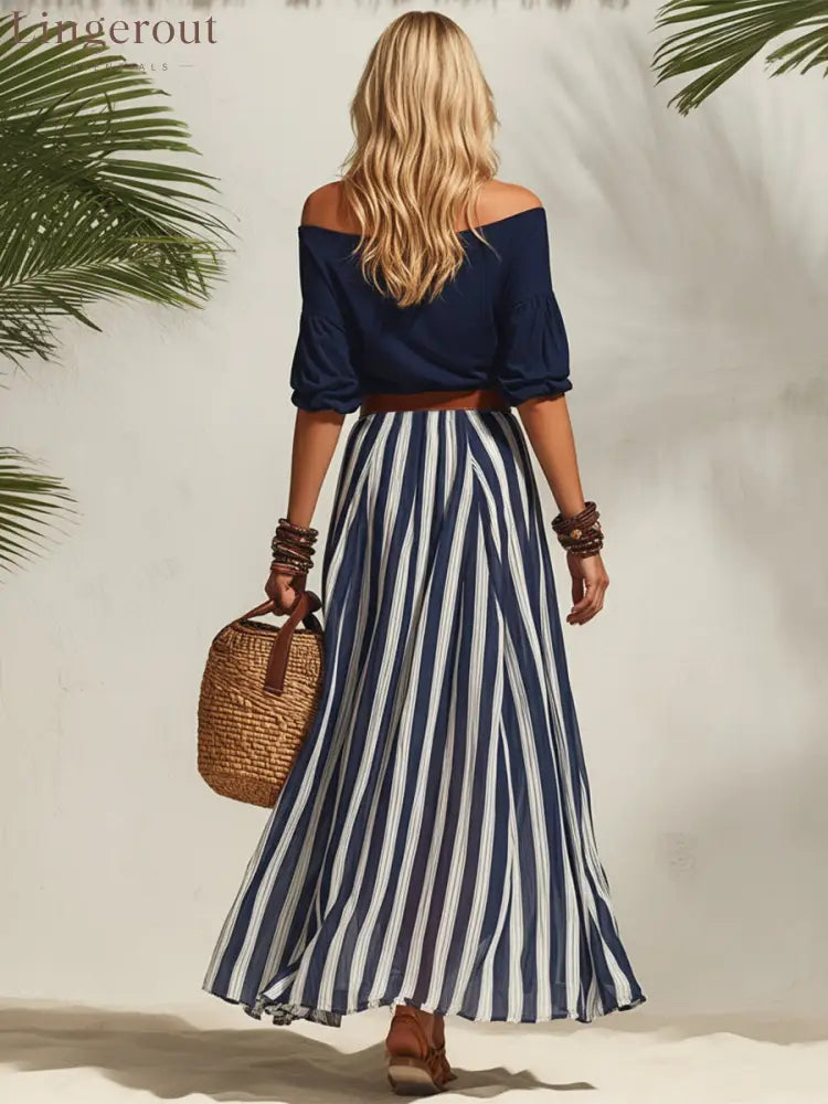 Navy Off Shoulder Top Stripe Pants Set