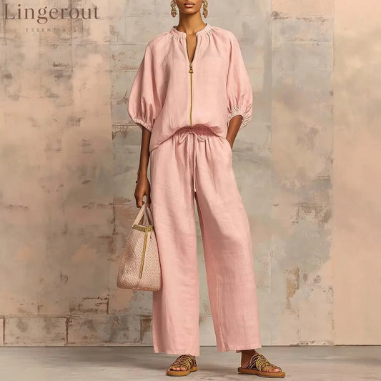 New Arrivals🔥 Stylish Cozy Zipper Shirt & Wide-Leg Pants Linen Cotton Two-Piece Set