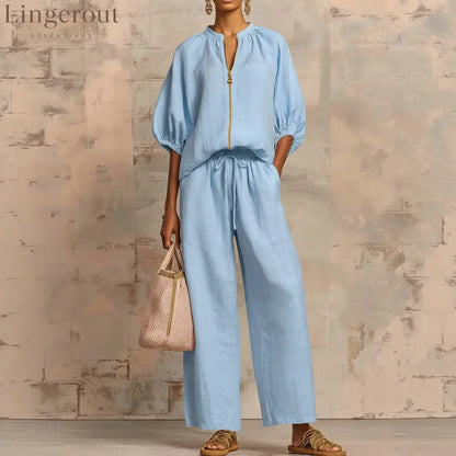 New Arrivals🔥 Stylish Cozy Zipper Shirt & Wide-Leg Pants Linen Cotton Two-Piece Set
