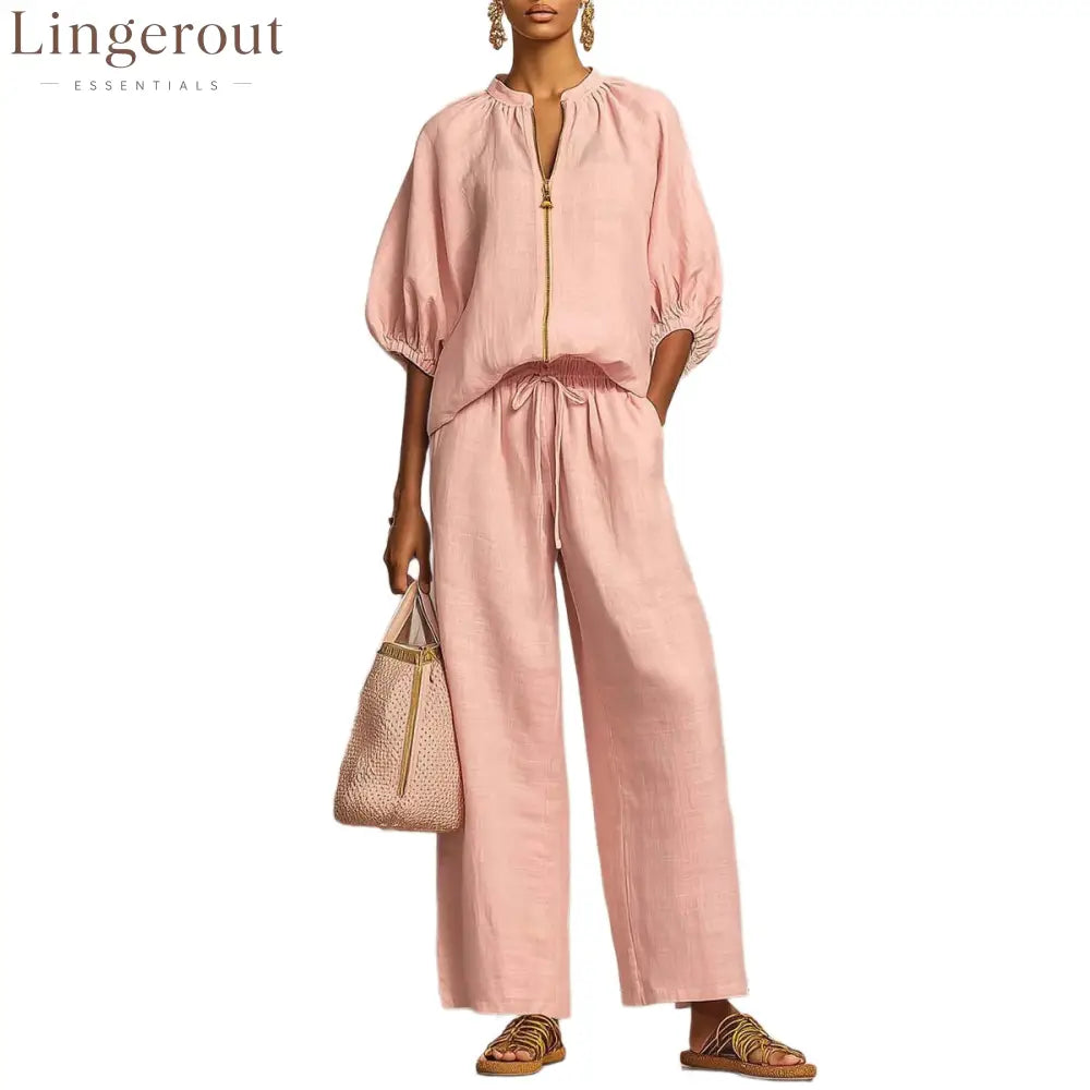 New Arrivals🔥 Stylish Cozy Zipper Shirt & Wide-Leg Pants Linen Cotton Two-Piece Set