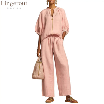 New Arrivals🔥 Stylish Cozy Zipper Shirt & Wide-Leg Pants Linen Cotton Two-Piece Set