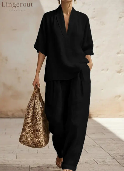 New Arrivals🔥 Women’s Casual Cozy Minimalist Linen Two-piece Set - Black / S